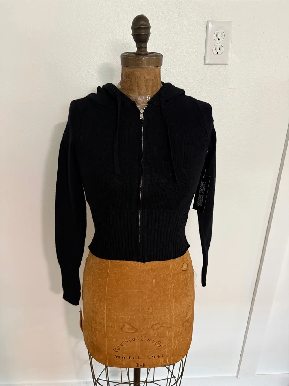 NWT Derek Heart Black Knit Cropped Zip Hoodie Size S_5